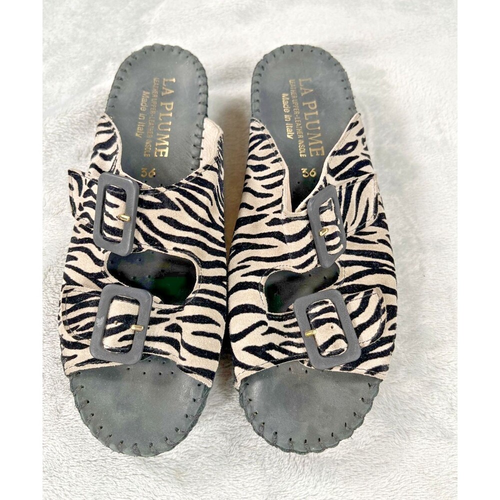 La Plume Italian Leather Zebra Print Slide Sandals Womens 36 US 5.5-6